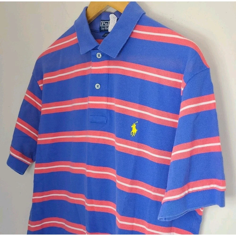Polo Ralph Lauren Striped Polo Shirt Mens Medium Blue Coral Cotton Pony Logo